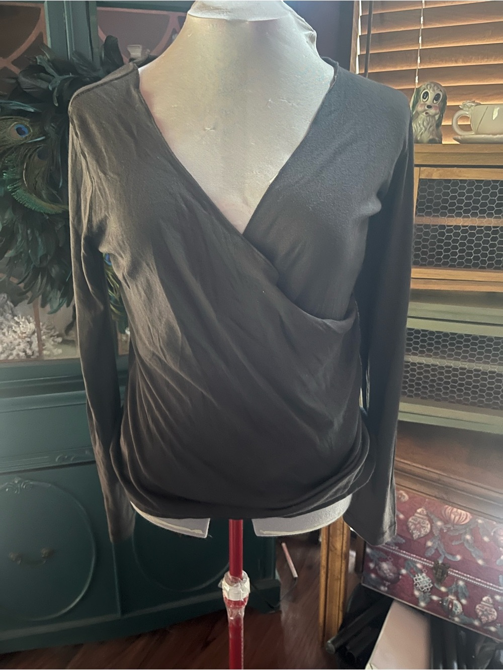 Three Dot Womens Long-Sleeve Surplice Wrap Top - Dark Brown XL
